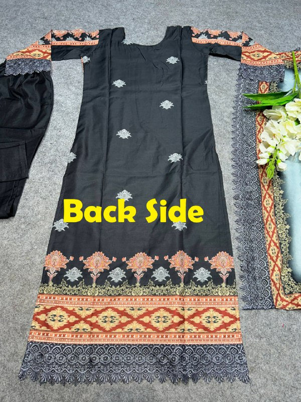 Black Anarkali Suit Set you've described seems to be a party wear outfit made from Maslin fabric