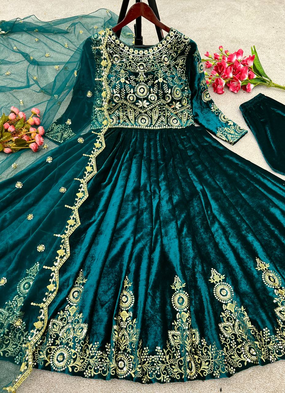 Green and Black Velvet Gown - Designer Childrenswear