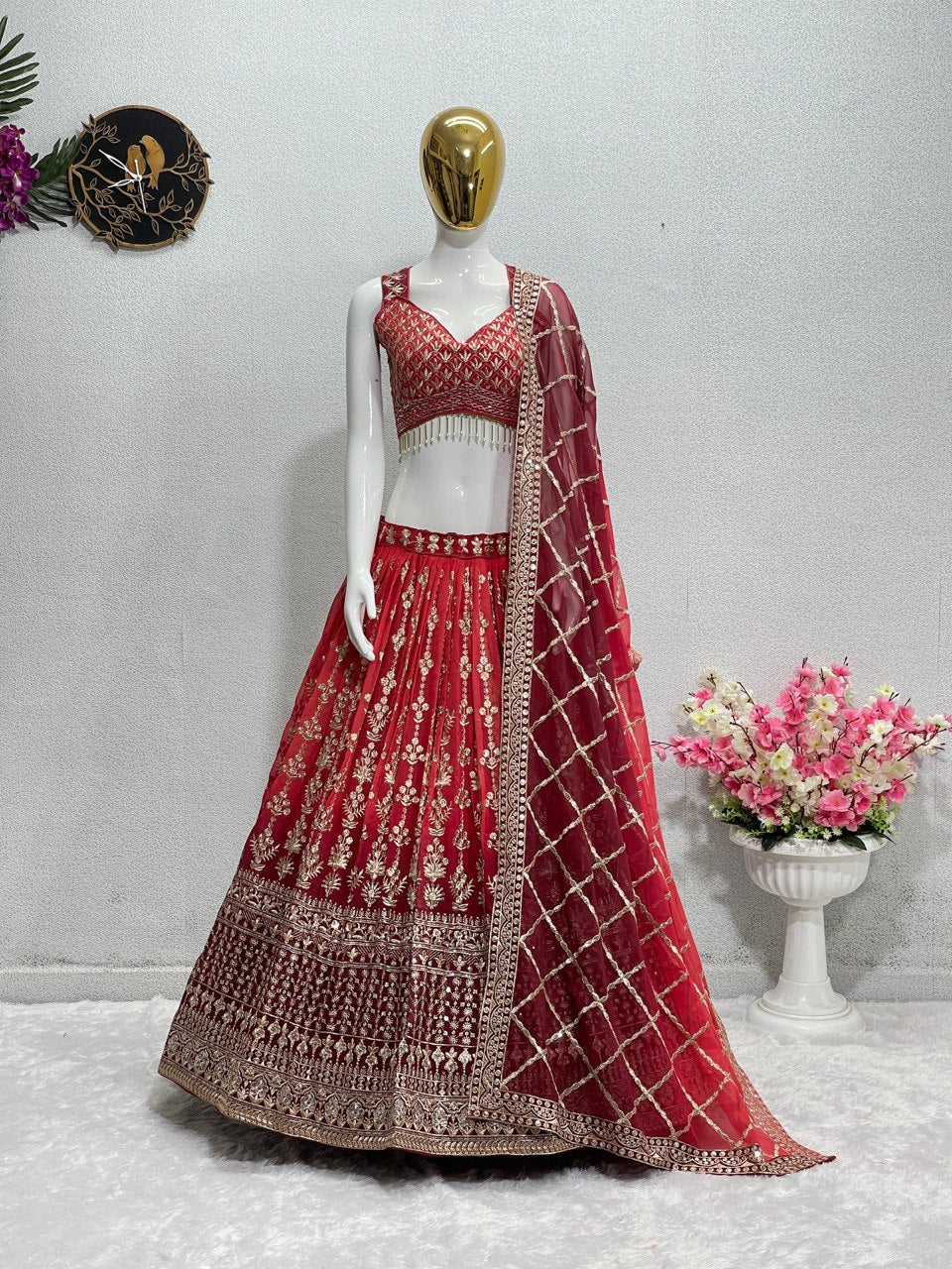 BRIDAL WEAR HEAVY FUAX GEORGETTE EMBROIDERED SEQUENCE WORK LEHENGAS CHOLI WITH DUPATTA