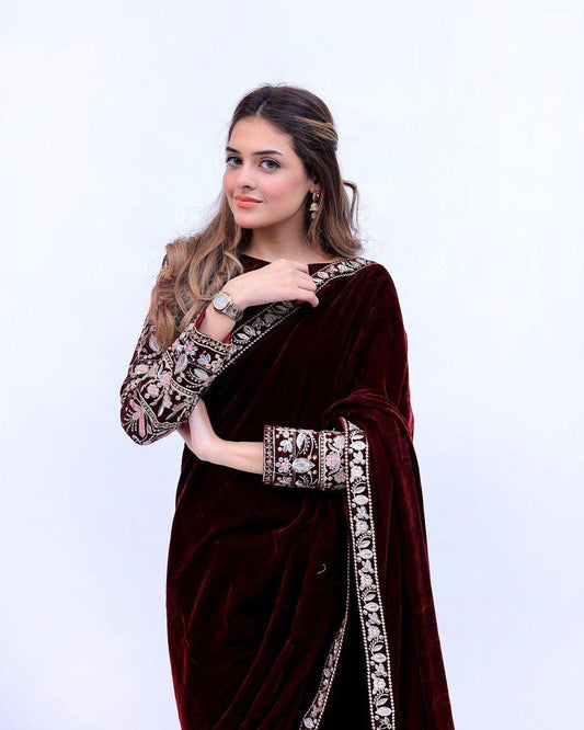 PARTY WEAR VELVET SAREE WITH EMBROIDERED WORK BLOUSE