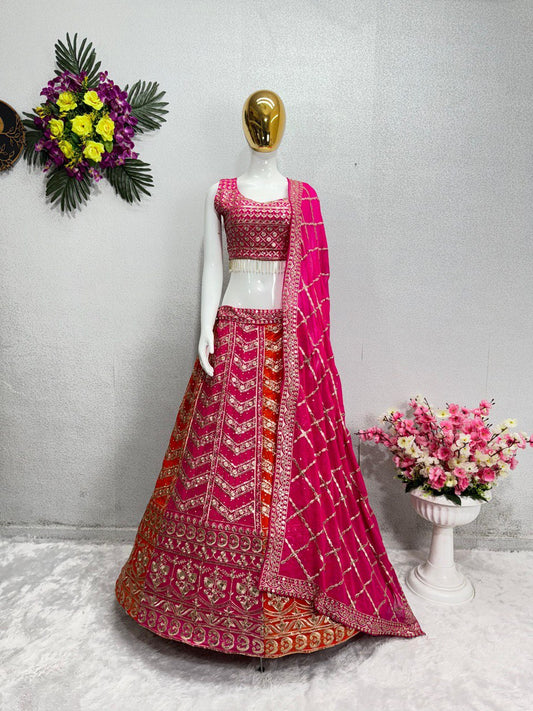 HEAVY FUAX GEORGETTE EMBROIDERED SEQUENCE WORK 2 COLOURS LEHENGAS CHOLI WITH DUPATTA