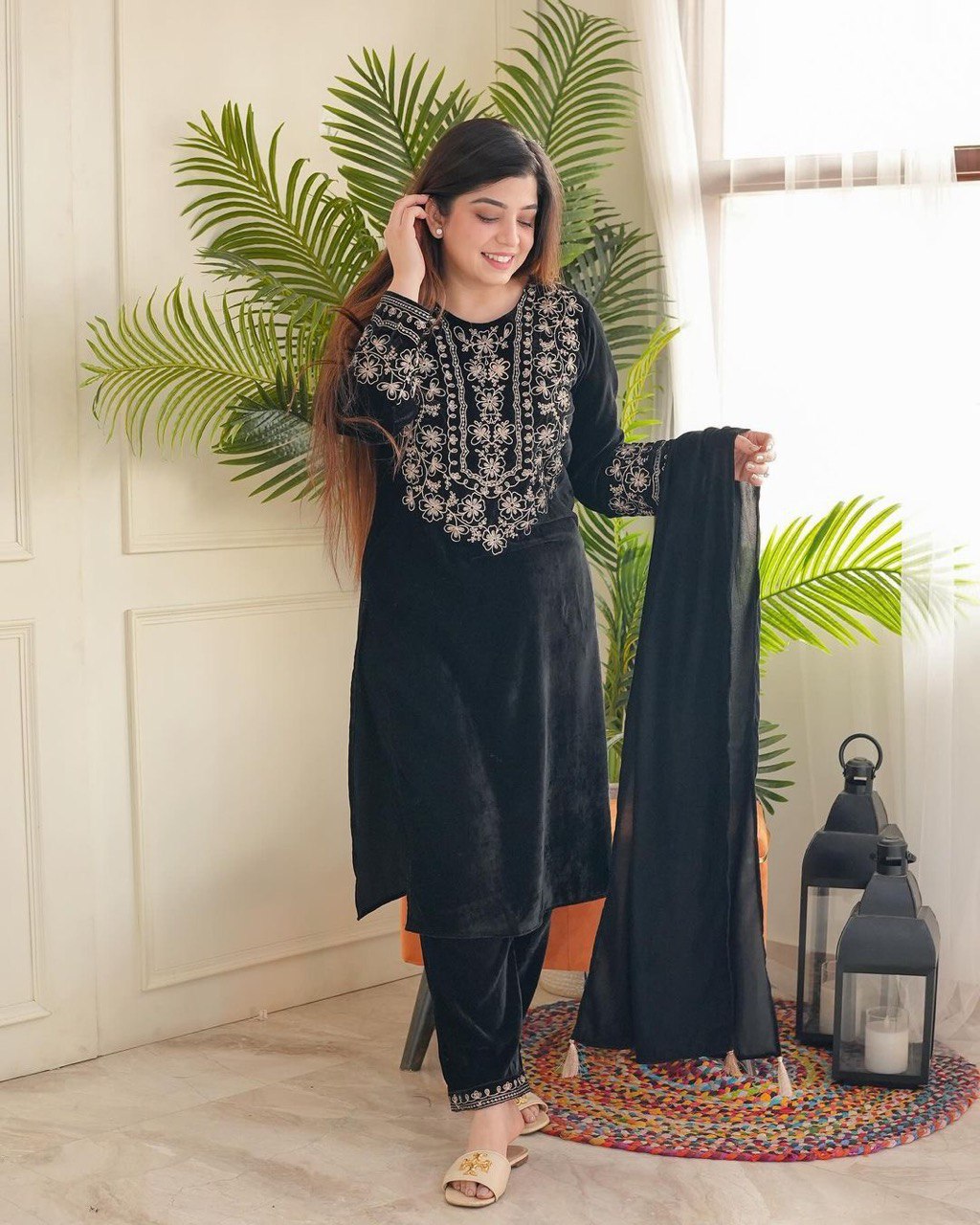 VELVET EMBROIDERY WORK TOP WITH PANT AND DUPATTA