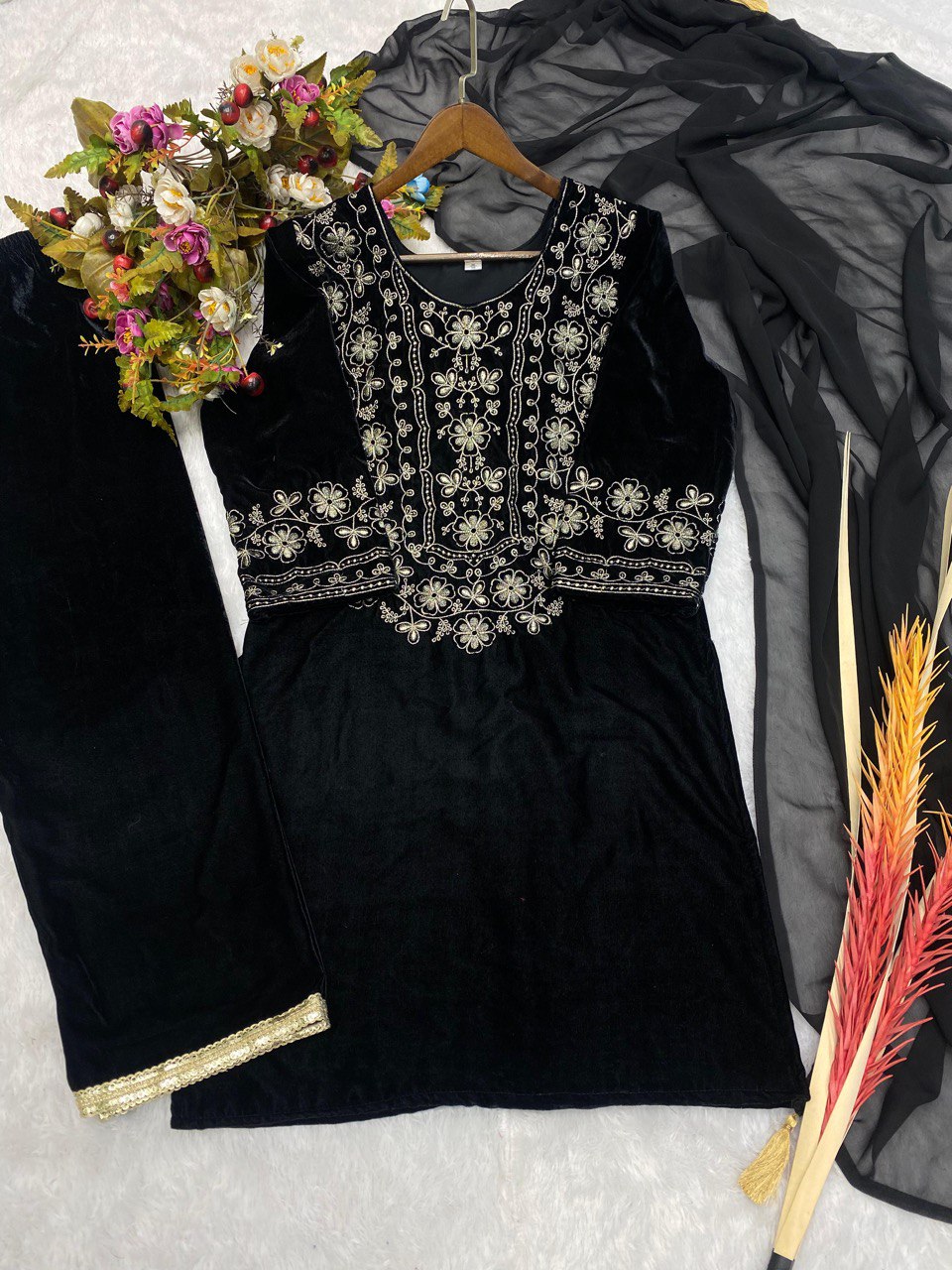 VELVET EMBROIDERY WORK TOP WITH PANT AND DUPATTA