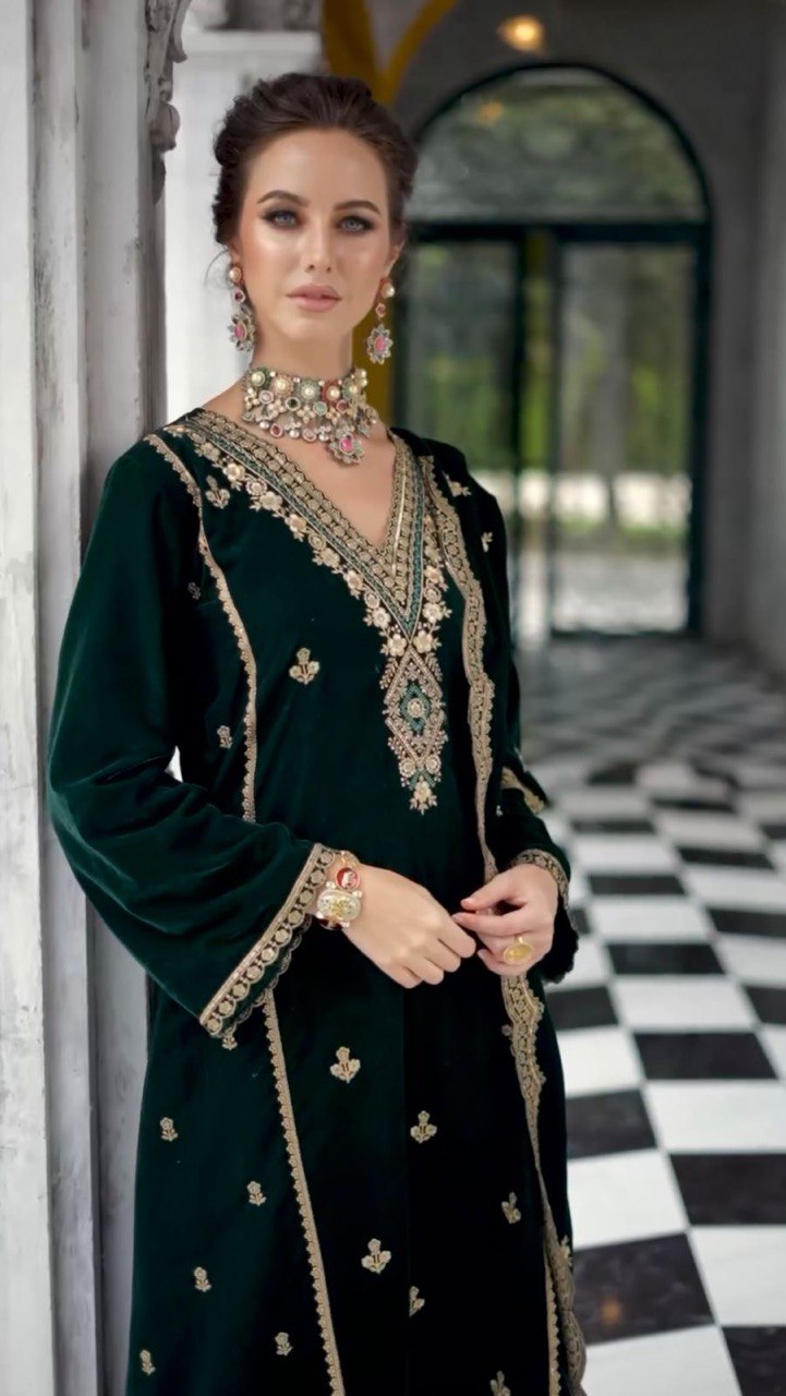 VELVET EMBROIDERY SEQUENCE WORK TOP WITH PLAZOO AND DUPATTA