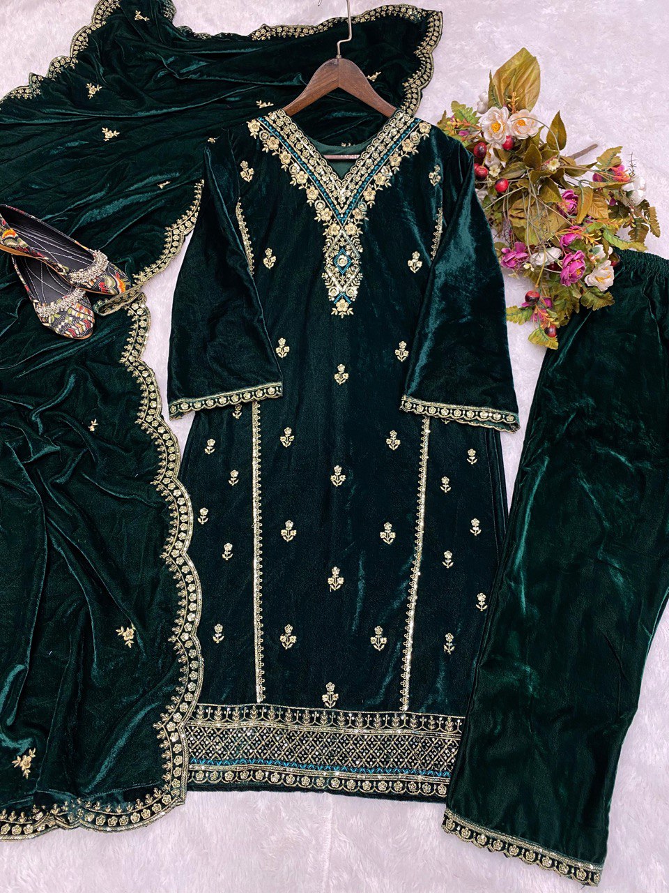 VELVET EMBROIDERY SEQUENCE WORK TOP WITH PLAZOO AND DUPATTA