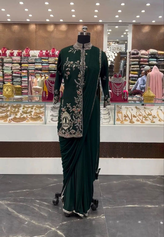 New Super Trending Embroidery cording work ready to wear saree with full koti