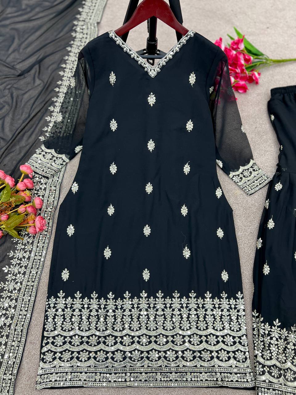 New Designer Party Wear Look Top-Plazzo and Dupatta With Heavy Embroidery 5mm Sequence Work