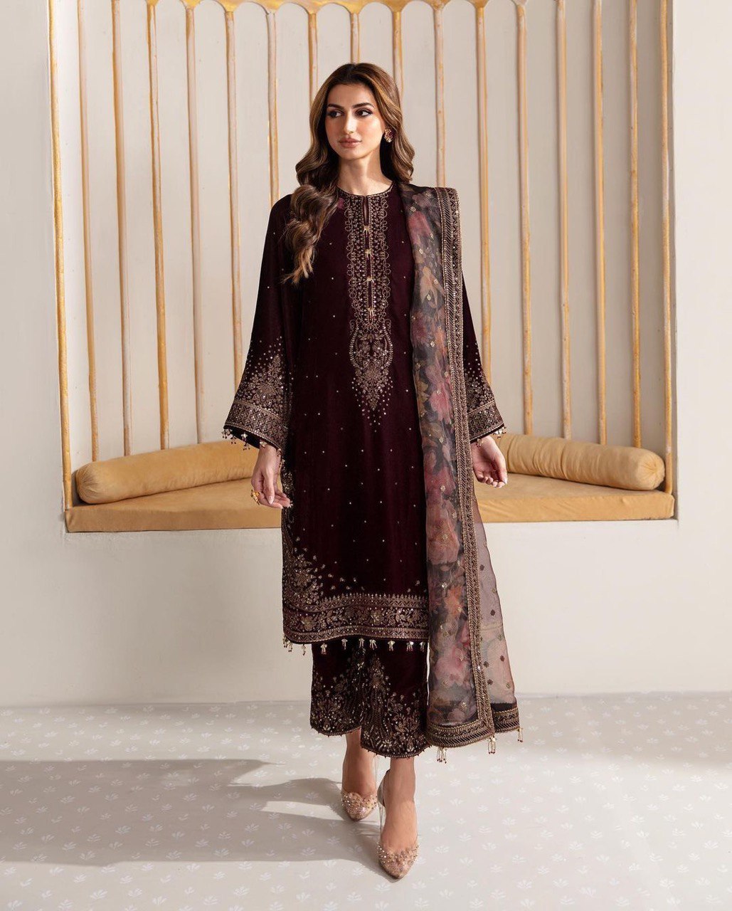 PRESENTLY PAKISTANI STYLE FANCY GEORGETTE SEQUENCE EMBROIDERED WORK TOP AND PANT