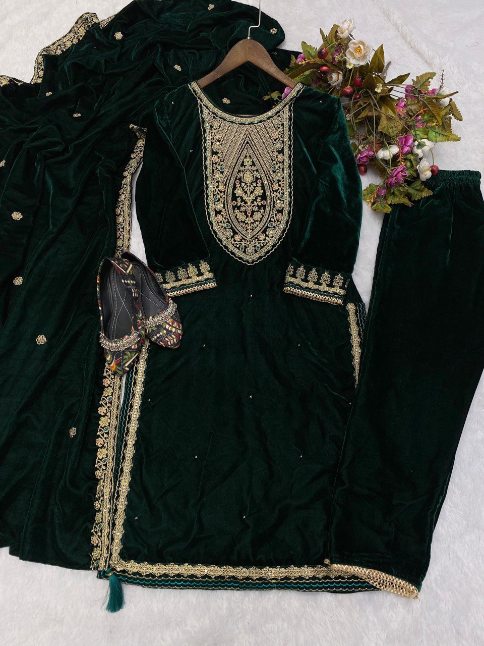 MAKE A SPECIAL VELVET CORDING SEQUENCE EMBROIDERY WORK TOP WITH PLAZOO AND DUPATTA