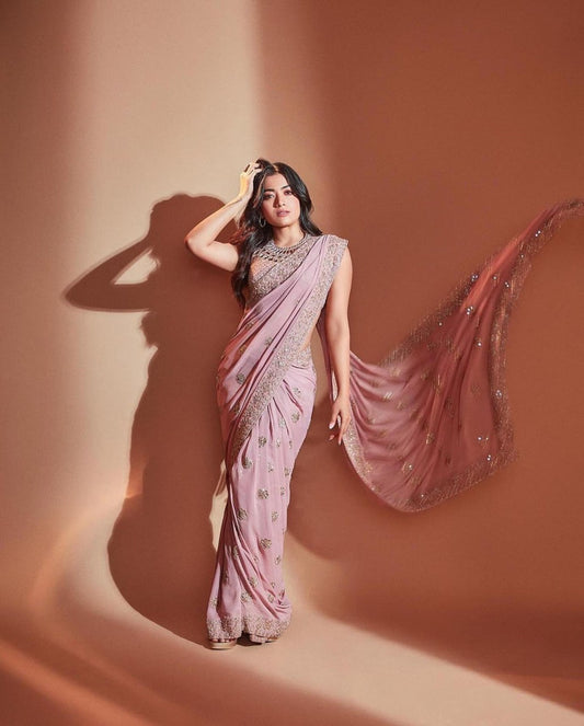 RASHMIKA MANDANNA SAREE OUSLY SLAYED IN PINK SAREE