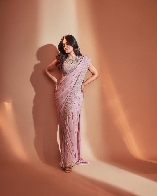 RASHMIKA MANDANNA SAREE OUSLY SLAYED IN PINK SAREE