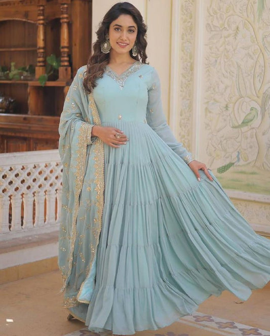 New Anarkali Faux Georgette Gown With With Fully 10 Meter Ruffle Flair