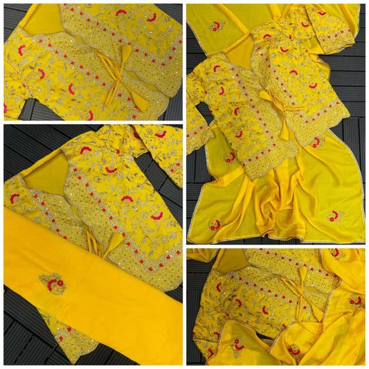 New Super Trending Haldi Ceremony Special Embroidery cording work ready to wear saree