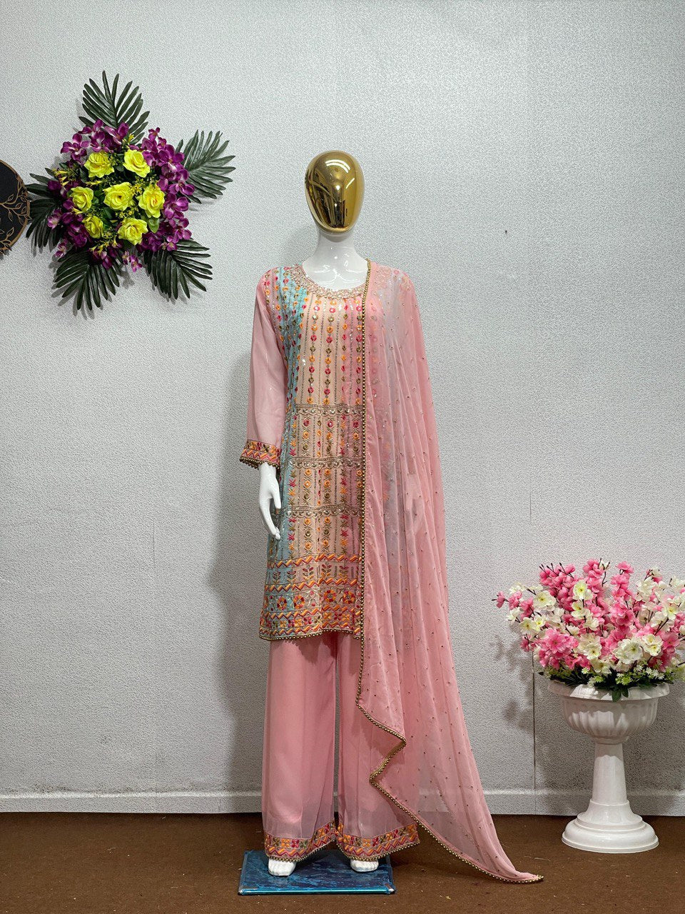 NEW DESIGNER HEAVY FUAX GEORGETTE TOP WITH PLAZZO  SUIT