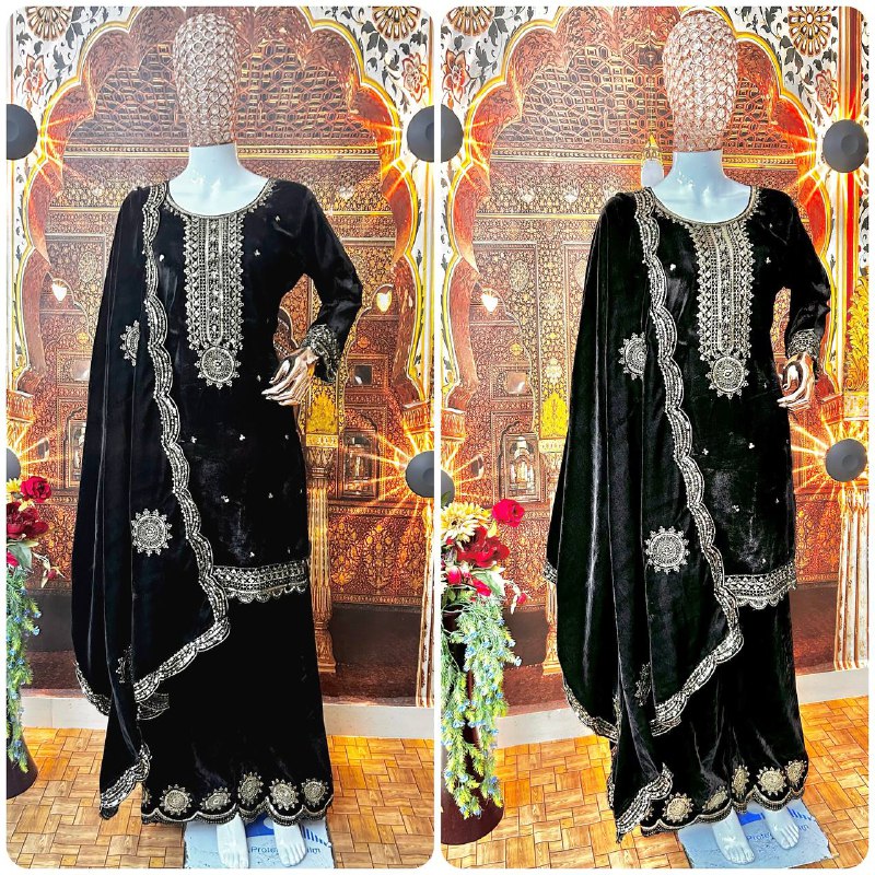 Embroidered Attractive festive Wear Viscose Velvet Kurti Plazzo