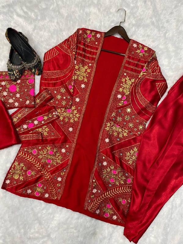 FANCY SLEEVE KOTI EMBROIDERY & REAL MIRROR WORK WITH CHOLI AND PATIYALA