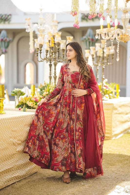 Red colour Attractive Party Wear Hevy Reyon Febric