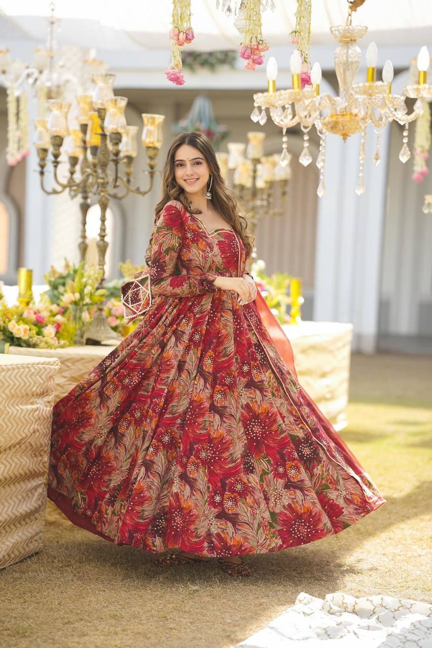 Red colour Attractive Party Wear Hevy Reyon Febric