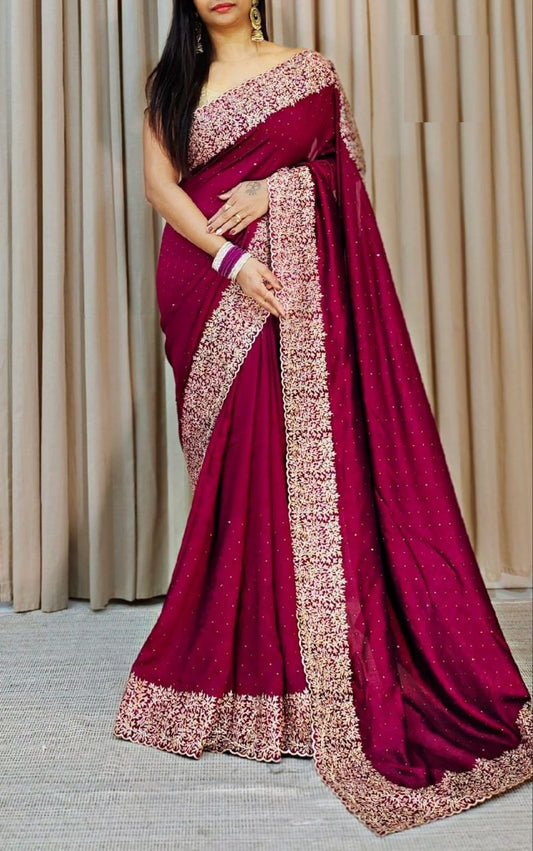 Blooming Vichitra zari  embroidery work with stone attached in whole sarees