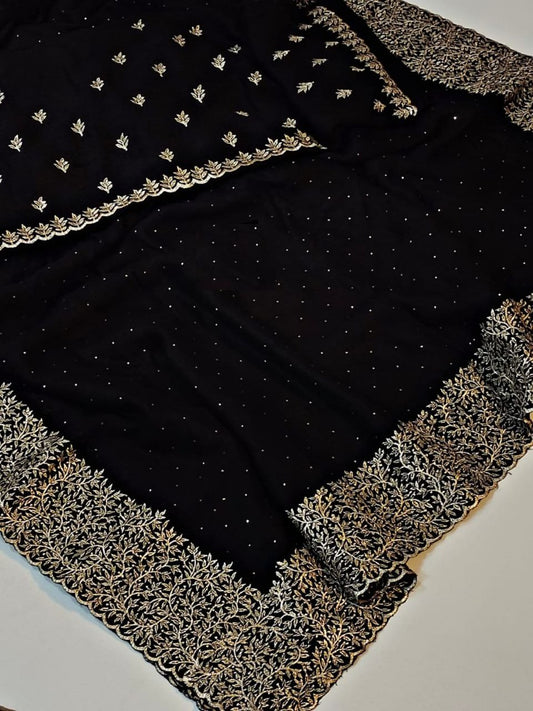 Blooming Vichitra zari  embroidery work with stone attached in whole sarees