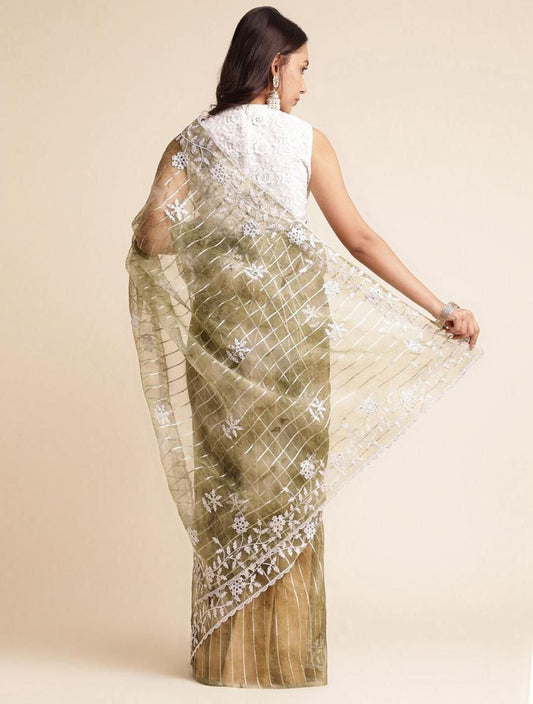 Kanshika Pure Orgenza silk with c pallu white thread embroidery work saree