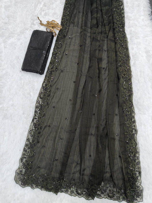 Two tone blooming chiffon with Black sequin work Saree