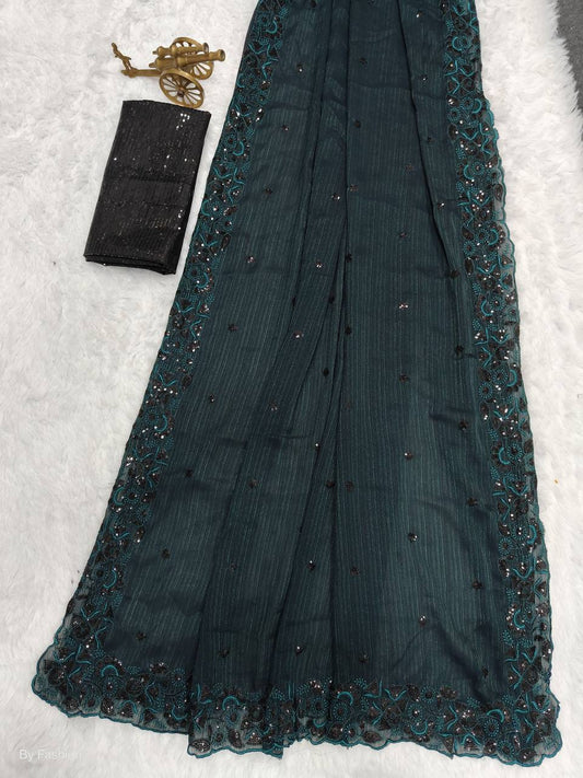 Two tone blooming chiffon with Black sequin work Saree