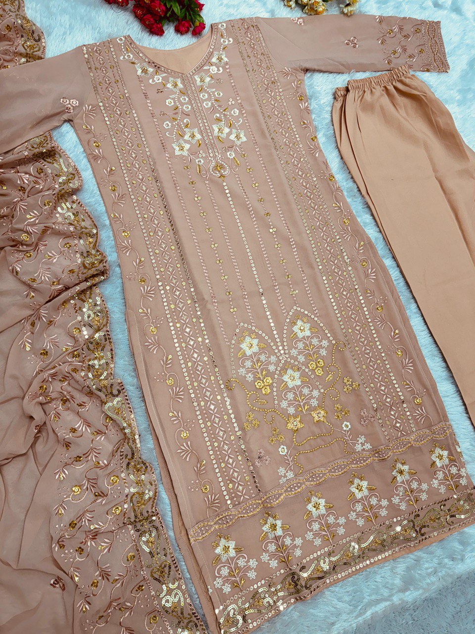 NEW DESIGNER HEAVY FUAX GEORGETTE, EMBROIDERY 5MM SEQUENCES WORK TOP- PENT