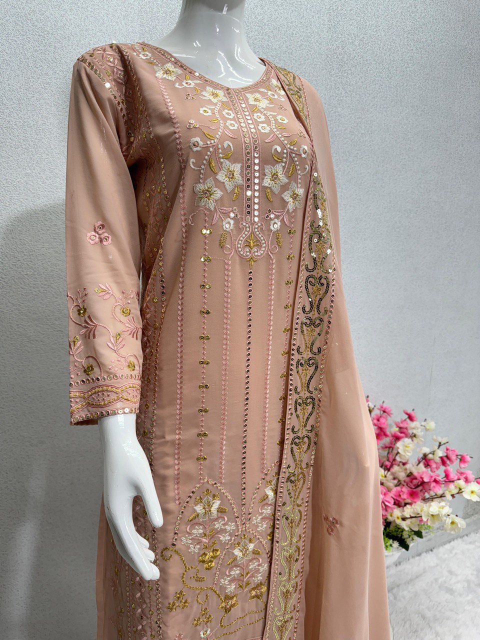 NEW DESIGNER HEAVY FUAX GEORGETTE, EMBROIDERY 5MM SEQUENCES WORK TOP- PENT