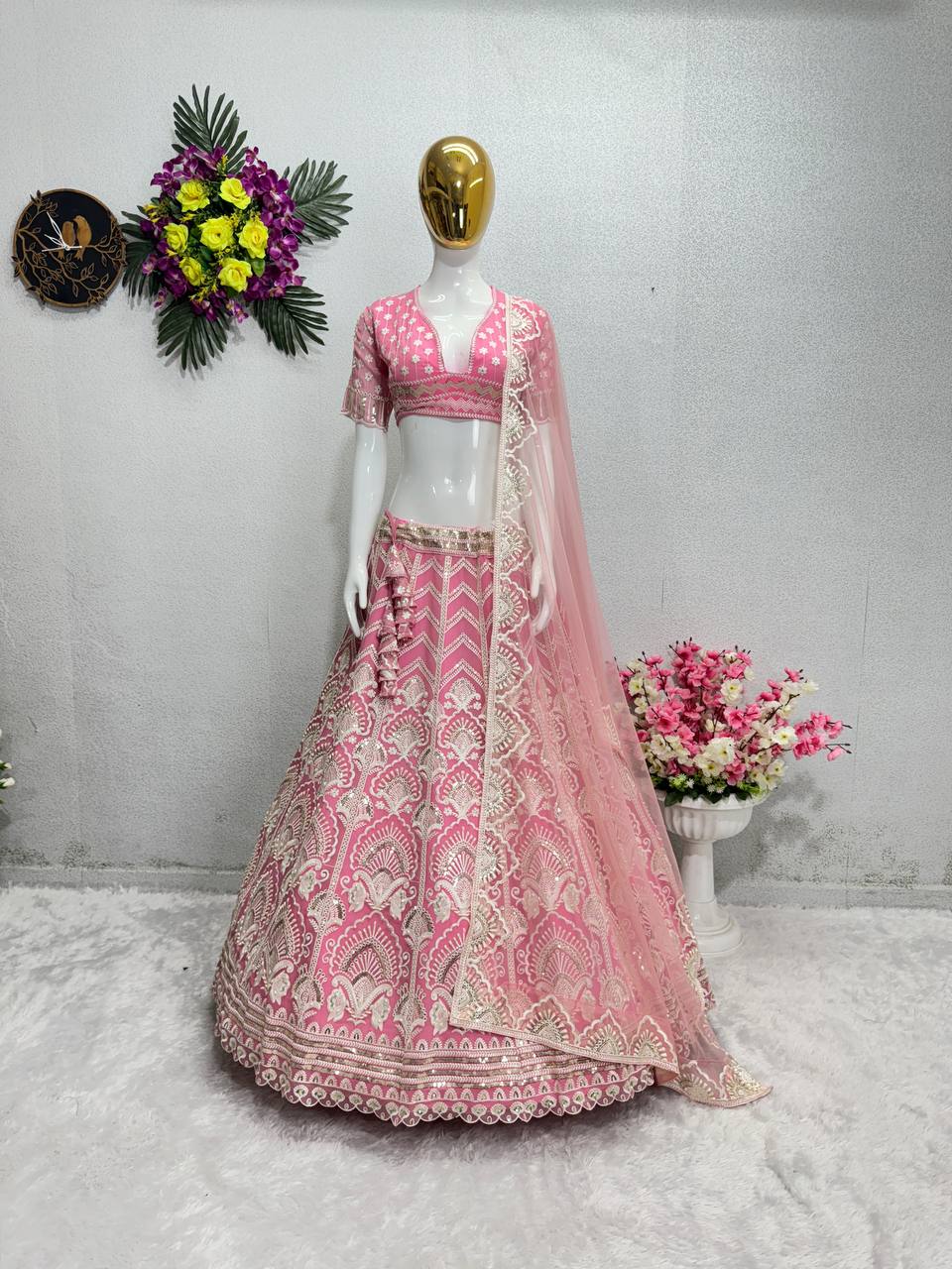 BRIDAL WEAR HEAVY FUAX GEORGETTE EMBROIDERED SEQUENCE WORK LEHENGAS CHOLI