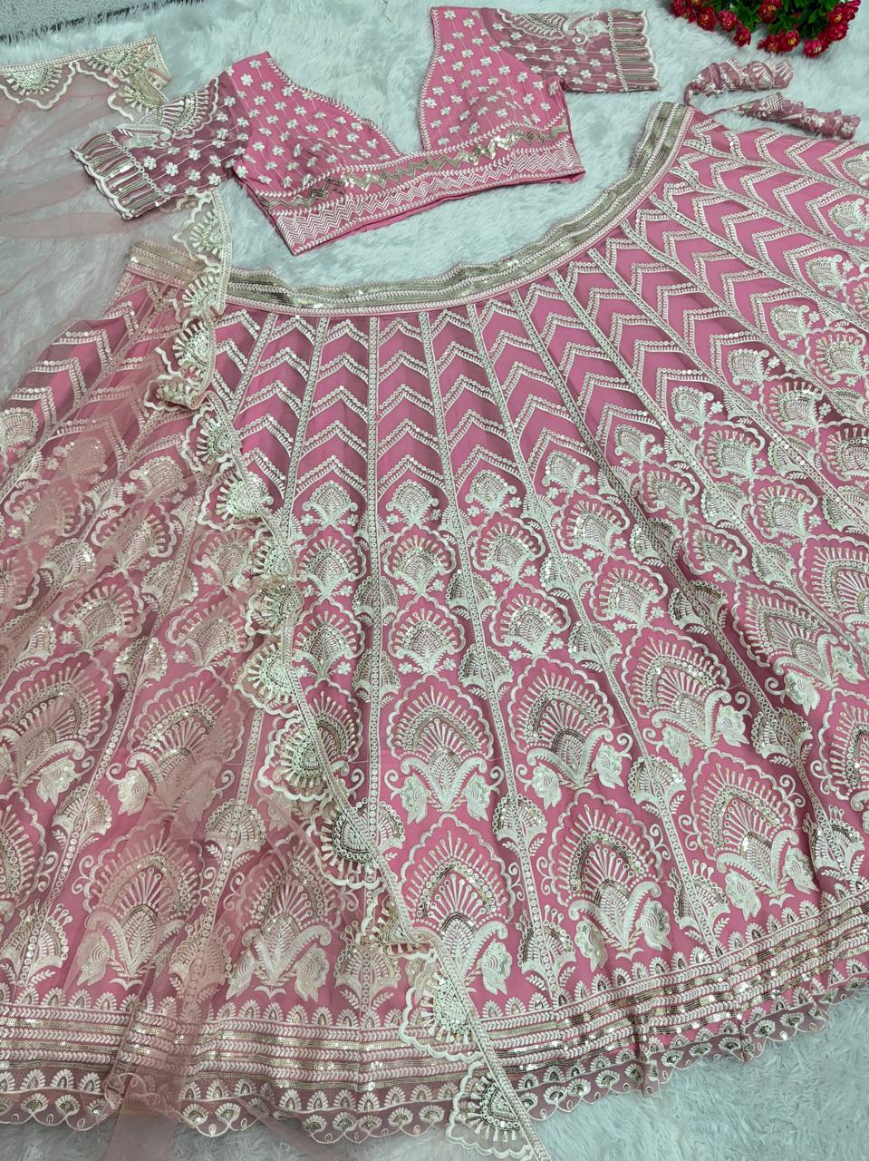 BRIDAL WEAR HEAVY FUAX GEORGETTE EMBROIDERED SEQUENCE WORK LEHENGAS CHOLI