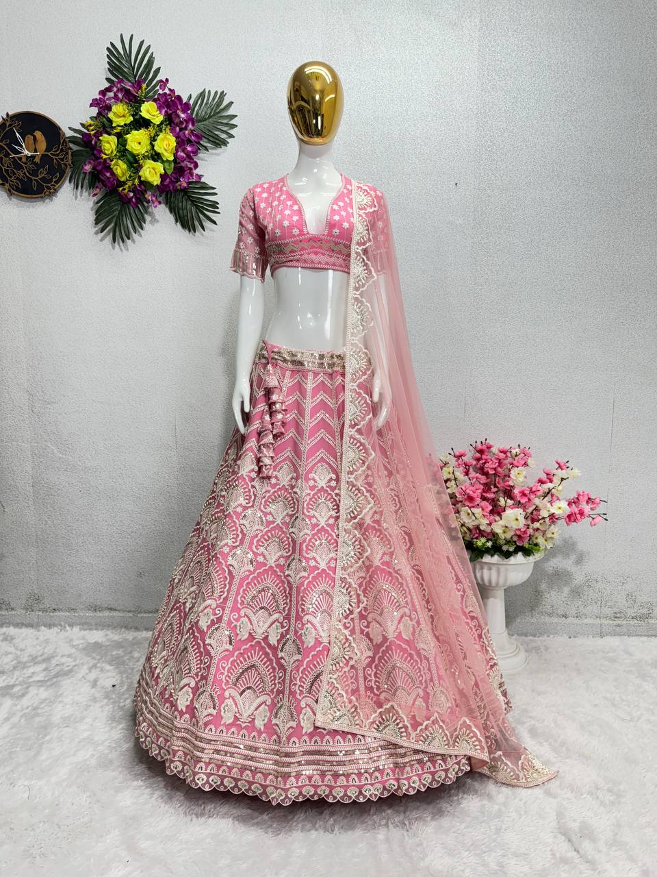 BRIDAL WEAR HEAVY FUAX GEORGETTE EMBROIDERED SEQUENCE WORK LEHENGAS CHOLI