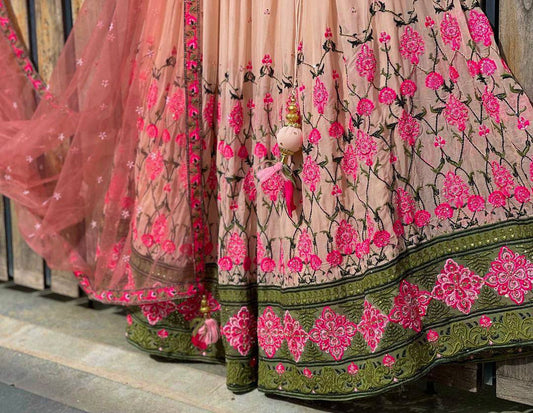 Chiku Pink colour Colour Embroidered Attractive Party Wear Silk Lehenga choli