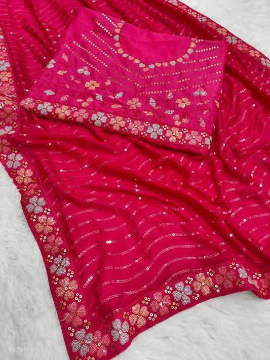 Blooming Vichitra silk *4 sequence* Embroidery work saree