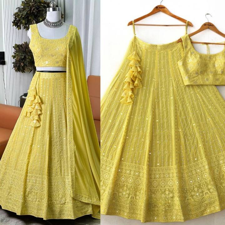 Yellow Color Embroidered Attractive Party Wear Georgette Lehenga choli