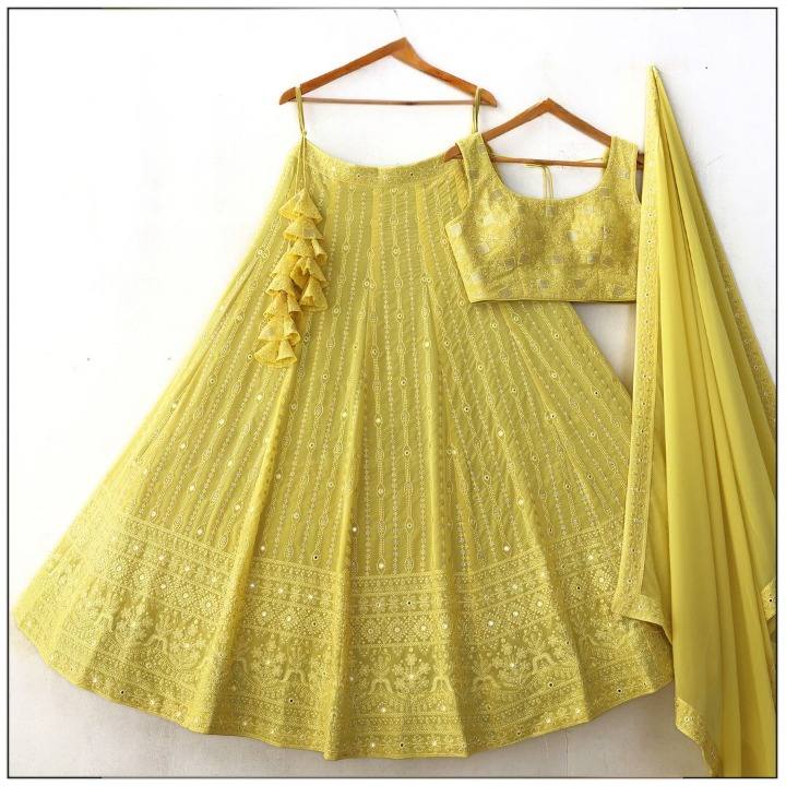 Yellow Color Embroidered Attractive Party Wear Georgette Lehenga choli