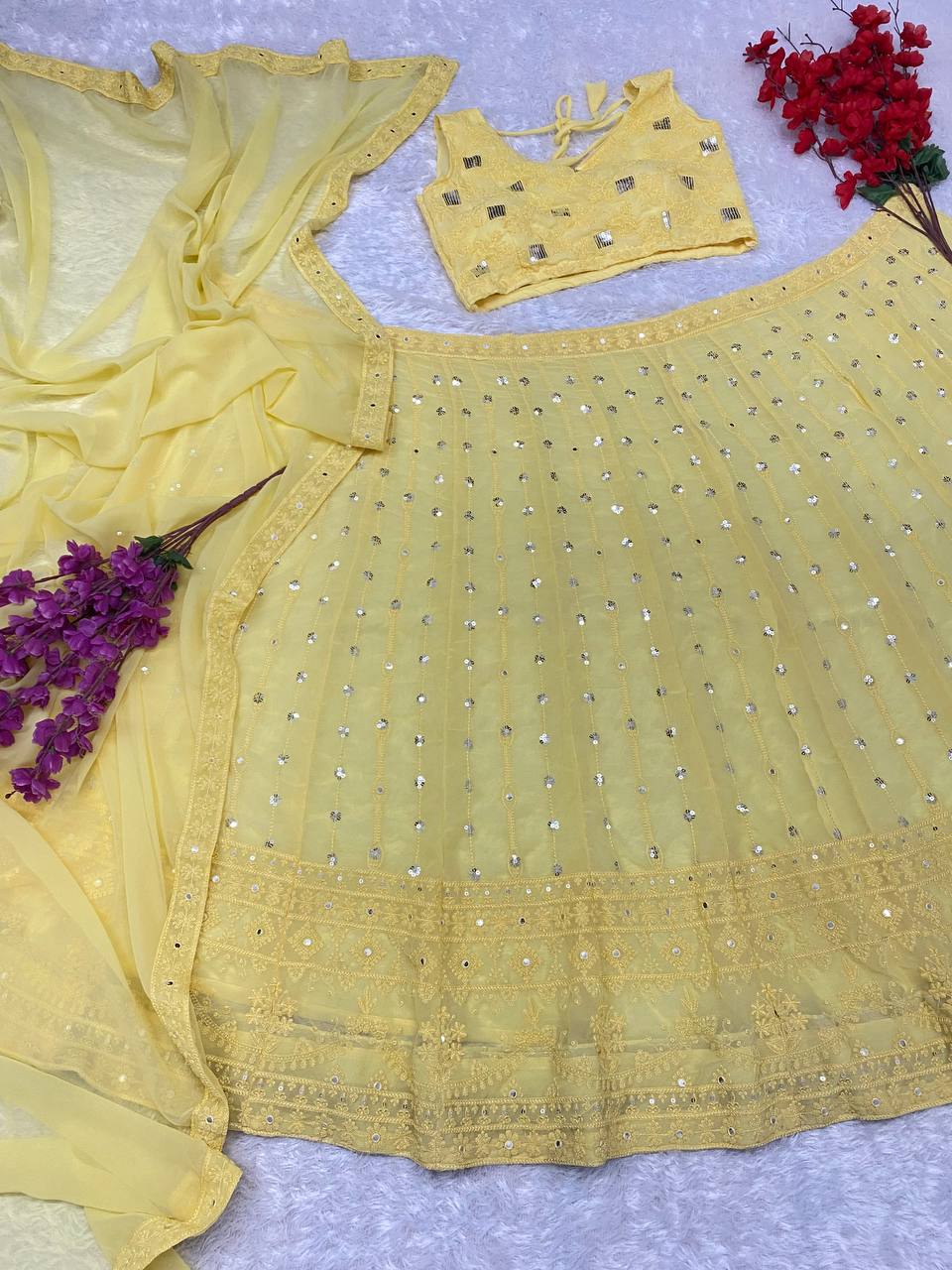 Yellow Color Embroidered Attractive Party Wear Georgette Lehenga choli