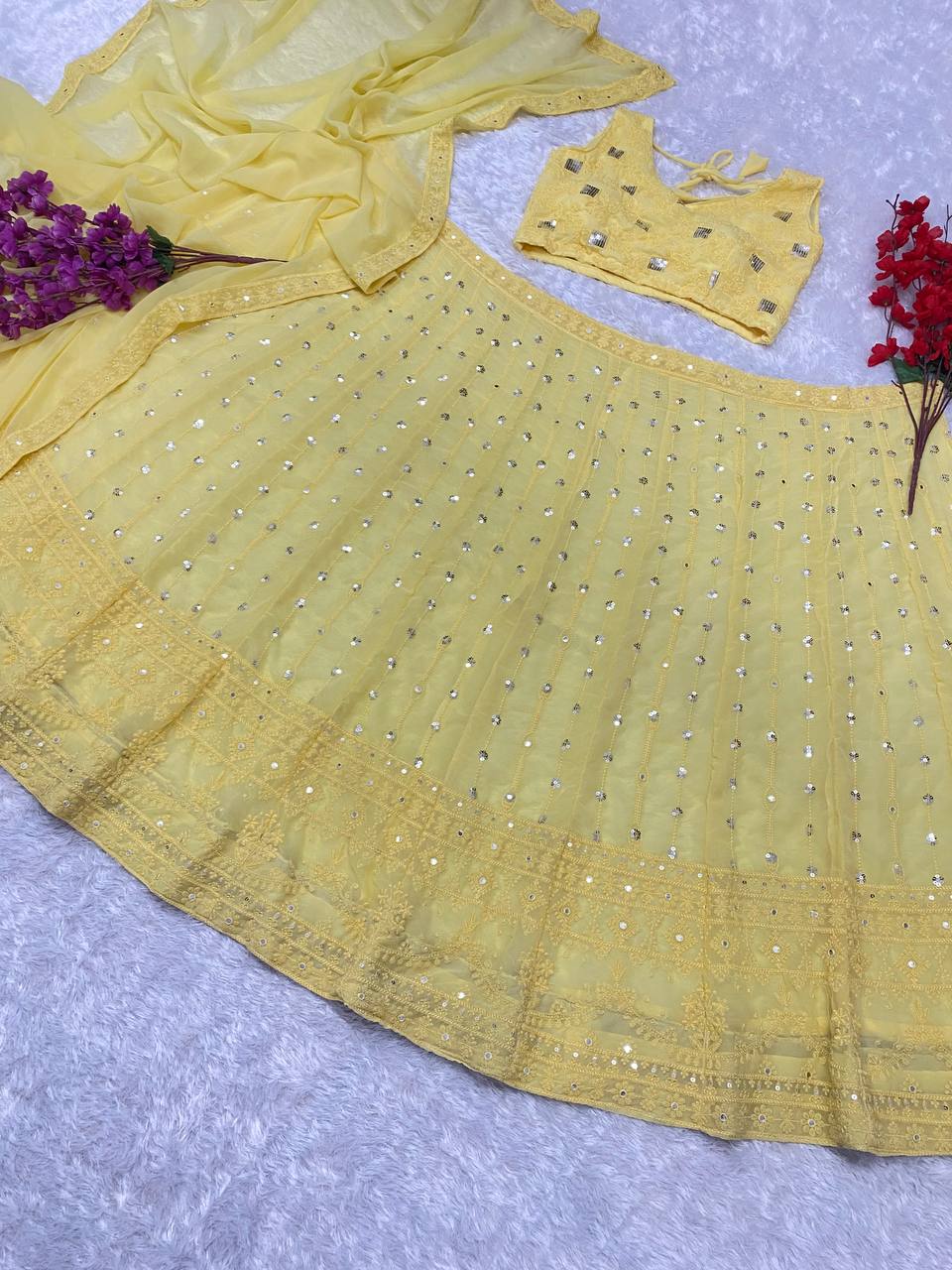 Yellow Color Embroidered Attractive Party Wear Georgette Lehenga choli