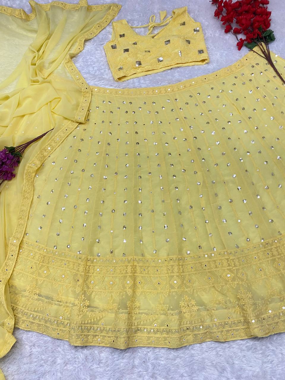 Yellow Color Embroidered Attractive Party Wear Georgette Lehenga choli