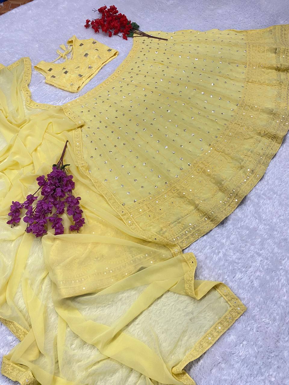 Yellow Color Embroidered Attractive Party Wear Georgette Lehenga choli