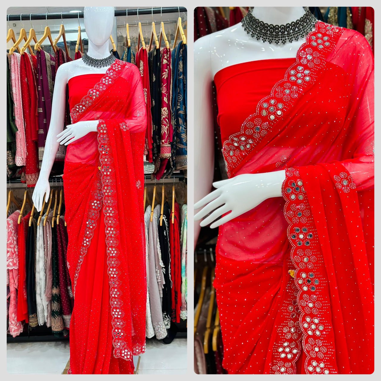 Georgette Fancy Diamond & Real Mirror Work Saree