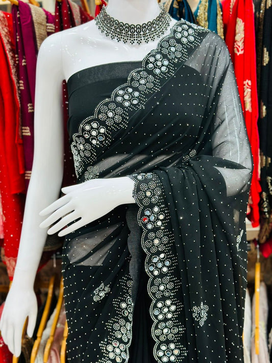 Georgette Fancy Diamond & Real Mirror Work Saree