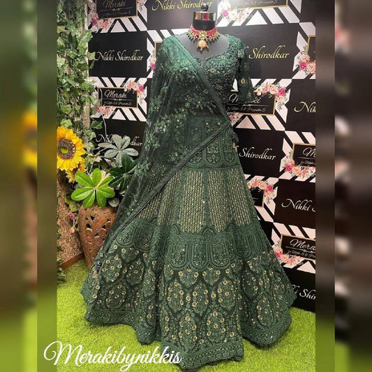 Green Colour Embroidered Attractive Party Wear Silk Lehenga choli