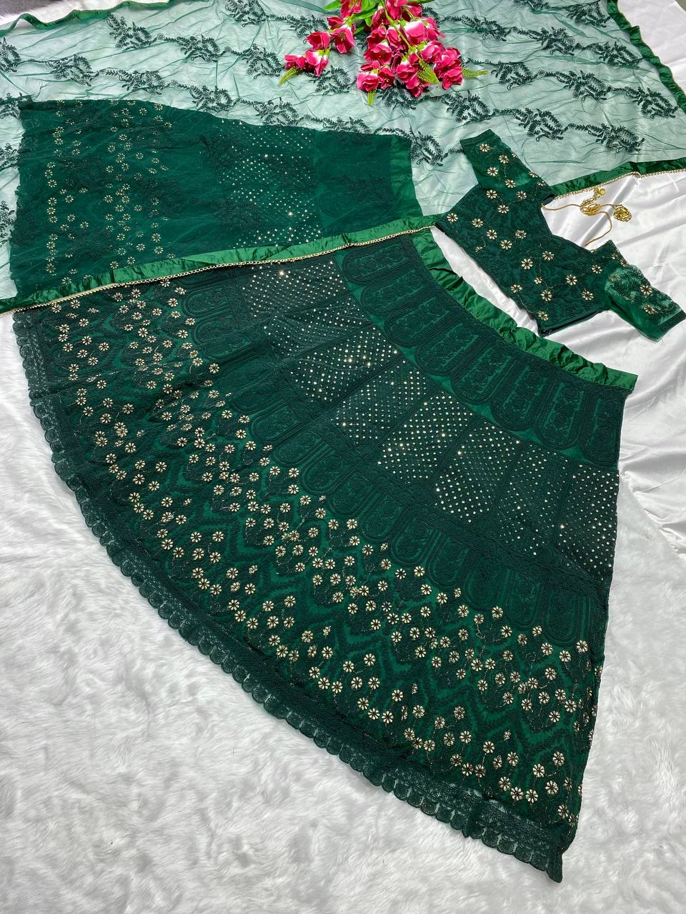 Green Colour Embroidered Attractive Party Wear Silk Lehenga choli