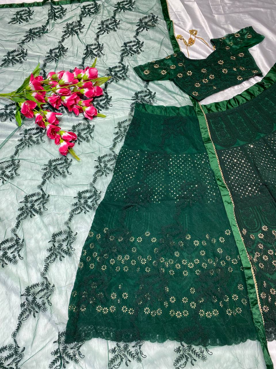 Green Colour Embroidered Attractive Party Wear Silk Lehenga choli