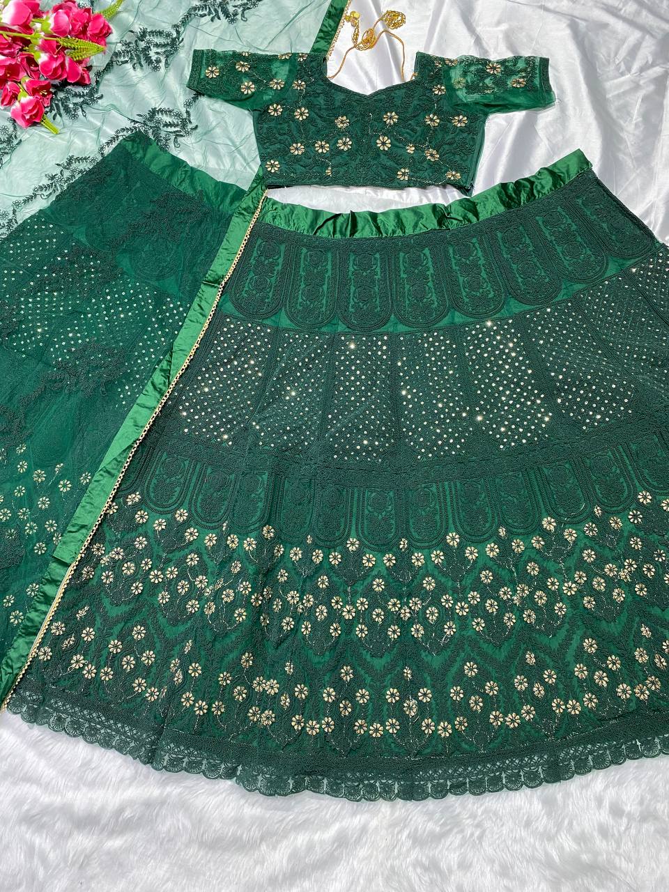 Green Colour Embroidered Attractive Party Wear Silk Lehenga choli