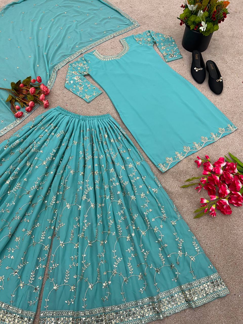 New Designer Party Wear Look Top-Plazzo and Dupatta With Heavy Embroidery Work