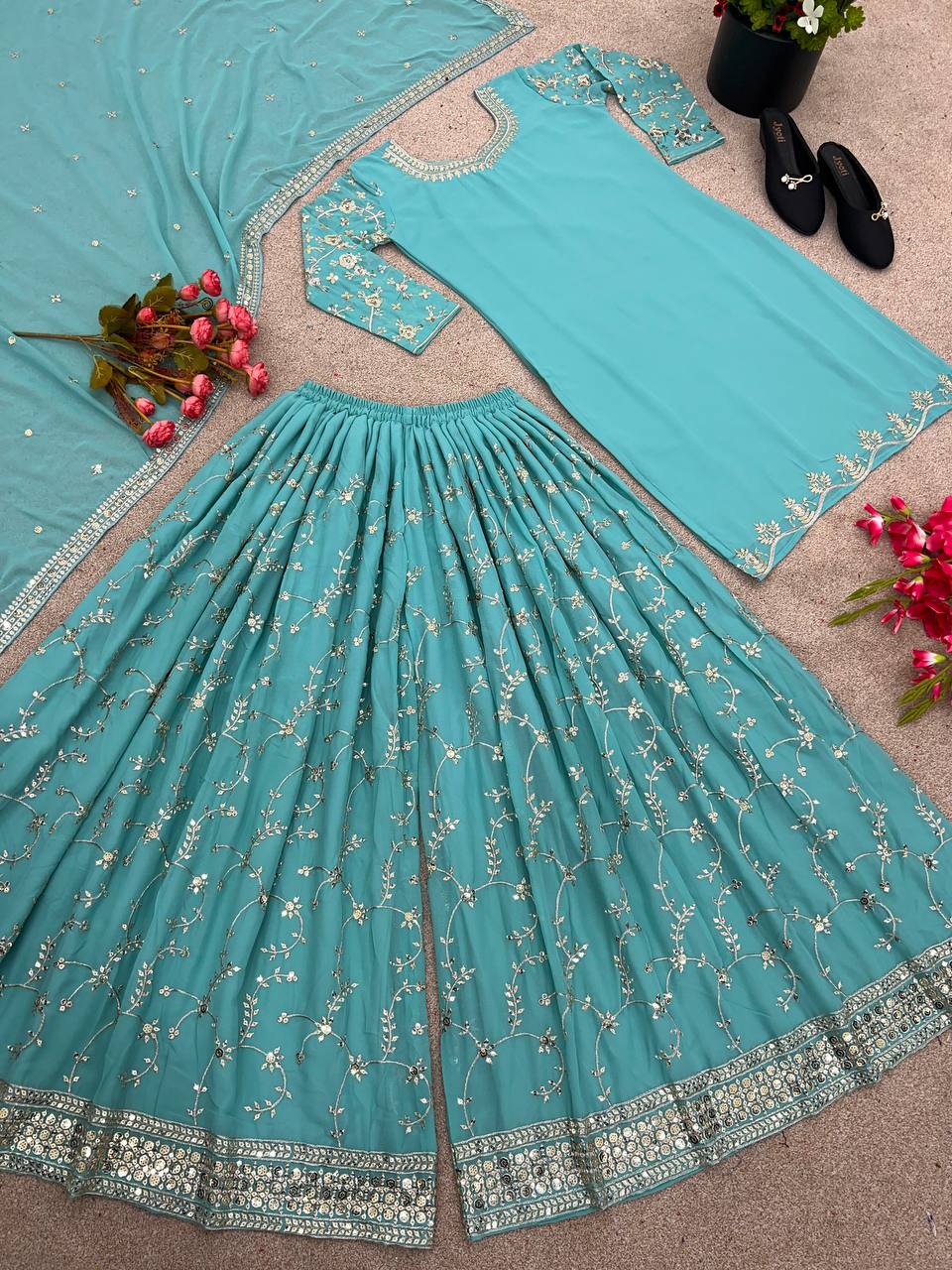 New Designer Party Wear Look Top-Plazzo and Dupatta With Heavy Embroidery Work