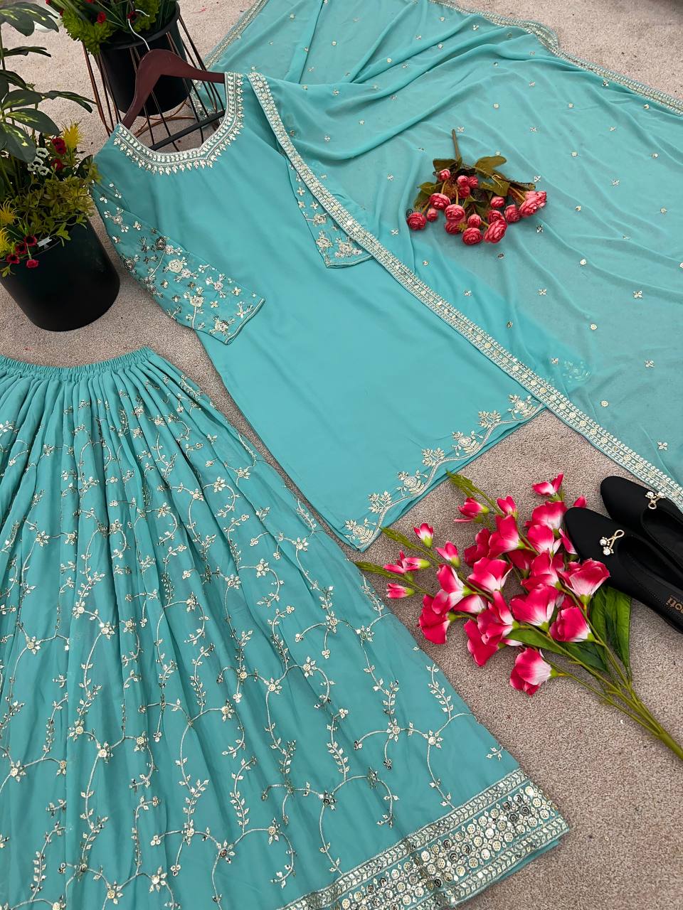 New Designer Party Wear Look Top-Plazzo and Dupatta With Heavy Embroidery Work