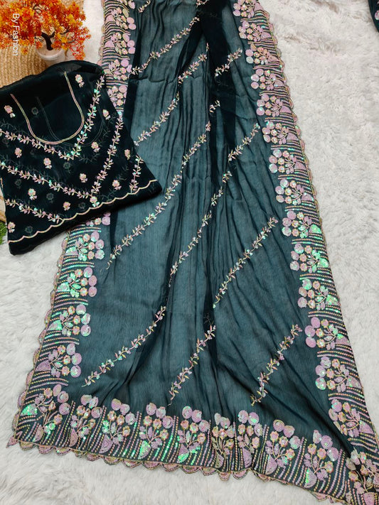 Pure jimmy choo silk  multi colour thread work saree